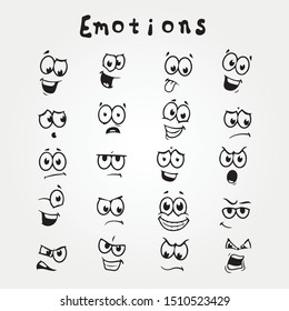 Cartoon face Emotion set. Various facial expressions isolated on white.