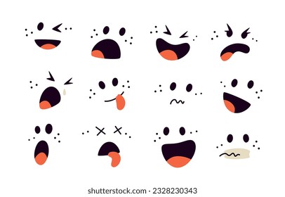 Cartoon face emotions. Smiling mouth with tongue and different eyes characters collection. Vector illustrations set isolated on white background.