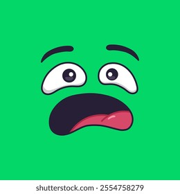 Cartoon face expressing fear and surprise with wide open eyes and mouth, and tongue sticking out, conveying a strong emotion against a vibrant green backdrop