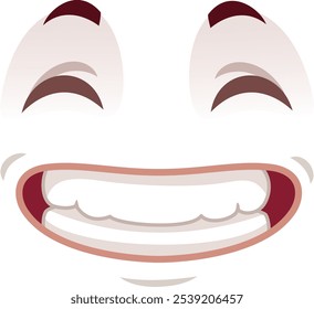 Cartoon face expressando sentimentos positivos, mostrando um grande sorriso dentado e fechando os olhos, poderia ser usado para transmitir felicidade, alegria, satisfação ou bem estar