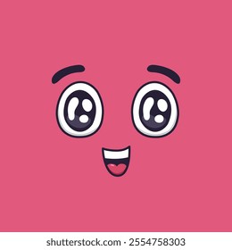 Cartoon face expressing surprise and happiness with wide open eyes, raised eyebrows, and a cheerful smile against a vibrant pink background, radiating joy and wonder