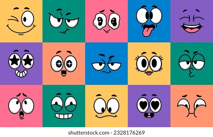 Cartoon face expression. Emotion comic face character on colors. Funny avatars with eyes and mouth. Caricature facial laugh, kiss, love mood. Vector illustration. Winking, smiling heads