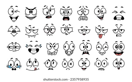Cartoon face expression. Emotional comic face with eyes, mouths, tongue and teeth. Concept caricature feeling. Happy, sad and angry characters emotions. Vector set. Positive and negative mood