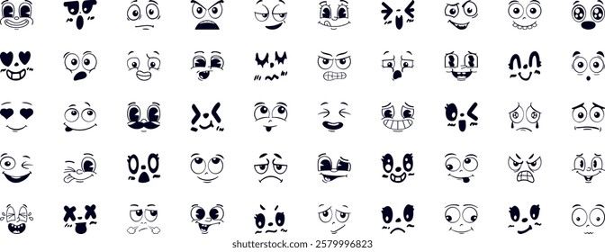 Cartoon face expression. Emotional comic face with eyes, mouths, tongue and teeth. Concept caricature feeling. Happy, sad and angry characters emotions. Vector set