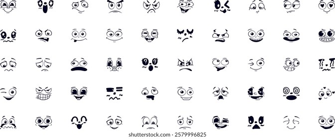 Cartoon face expression. Emotional comic face with eyes, mouths, tongue and teeth. Concept caricature feeling. Happy, sad and angry characters emotions. Vector set