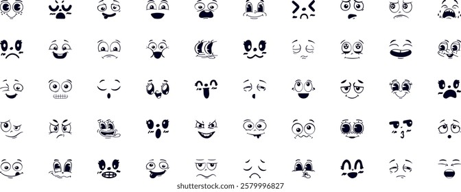 Cartoon face expression. Emotional comic face with eyes, mouths, tongue and teeth. Concept caricature feeling. Happy, sad and angry characters emotions. Vector set