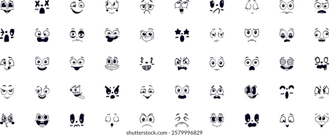 Cartoon face expression. Emotional comic face with eyes, mouths, tongue and teeth. Concept caricature feeling. Happy, sad and angry characters emotions. Vector set