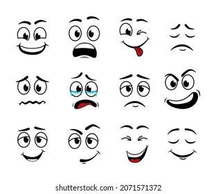 Cartoon face. Expression of eye and mouth. Smile and sad character. Set of funny, cute, angry, confused, laugh, crazy, evil and cry facial. Icon of comic. Sketch of doodle emoticon. Vector.