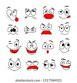 Cartoon face expression. Funny comic eyes and mouths with happy, sad and angry, surprise emotions. Doodle characters vector set