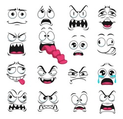 Cartoon Face Expression Isolated Vector Icons, Negative Emoji Vampire With Sharp Fangs, Evil, Scared And Shocked, Gloat, Grin, Smirk. Facial Feelings Yelling, Show Tongue, Crying, Upset Emoticons Set