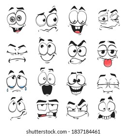 Cartoon face expression isolated vector icons, funny emoji satisfied, and crazy, angry, laughing and sad. Facial emoticon feelings upset, happy, toothy and sad, dissatisfied. Cute face expressions set