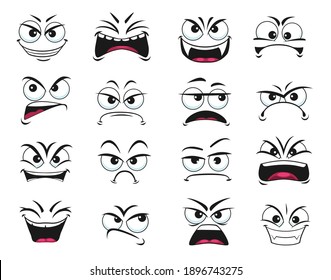 Cartoon Gesicht Ausdruck isolierte Vektorsymbole, negative Emoji verdächtig, böse, erschreckt und schockiert, Kugel, Grin, Schmirk oder verrückt. Gesichtsgefühle, Lachen oder Schreien, überraschte und verärgerte Emoticons Set