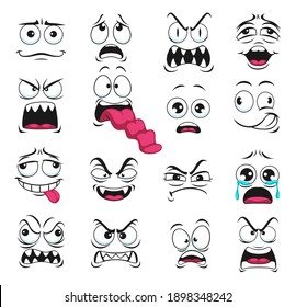 Cartoon face expression isolated vector icons, negative emoji vampire with sharp fangs, evil, scared and shocked, gloat, grin, smirk. Facial feelings yelling, show tongue, crying, upset emoticons set
