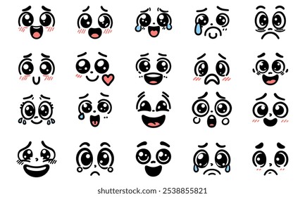 Cartoon face expression isolated vector icons, funny emoji satisfied, and crazy, angry, laughing and sad. Facial emoticon feelings upset, happy, toothy and sad, dissatisfied. Cute face expressions set