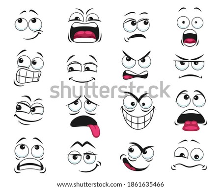 Cartoon face expression isolated vector icons, funny emoji exhausted, yelling and scared, shocked, angry, gloat and sad. Facial feelings, emoticons upset and show tongue. Cute face expressions set