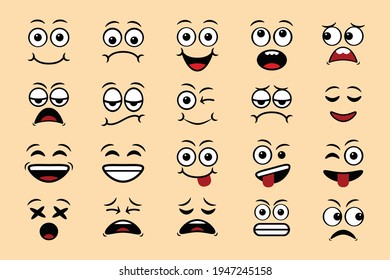 Cartoon face expressions doodle hand drawn emoticon isolated vector illustration