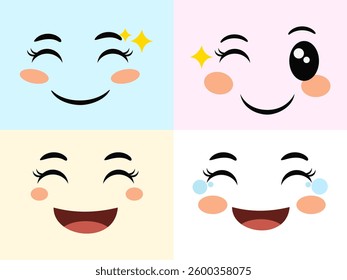 Cartoon face expressions. Happy surprised faces, doodle characters mouth and eyes. Face doodle or shy, love and kiss kawaii manga emotion. Emoticon comic avatar vector illustration set