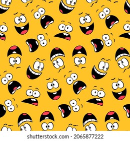 Cartoon face expressions seamless pattern. Different facial expressions: joy, fear, astonishment and curiosity on bright yellow background. Flat design.