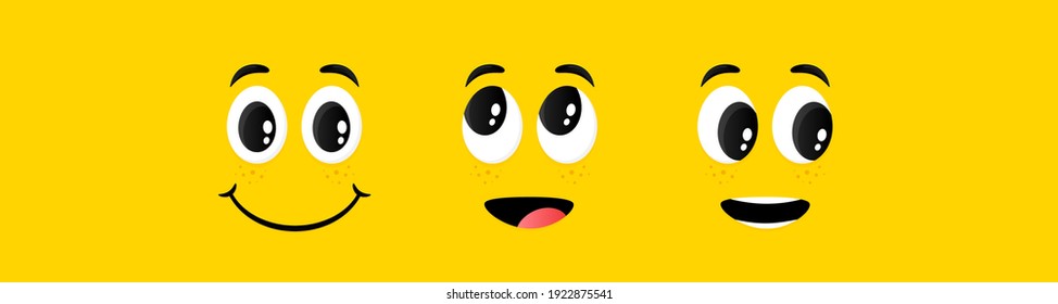 Cartoon Face Expressions. Smile Face, Surprised And Interested Emotions. Cute Funny Character With Different Eyes And Mouth. Happy Tongue Cartoon Character, Interested Face Expression. Vector Set