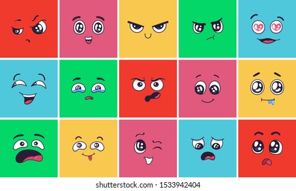 Cartoon face expressions. Surprising look faces, angry mood and doodle head vector illustration set. Cheerful, disappointed and laughing facial expression. Smiling and winking emoticons