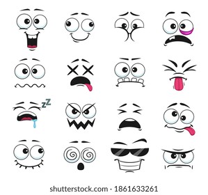 Cartoon face expressions vector icons, funny emoji cool sunglasses, toothy and hypnotized, sleeping, bruise on eye, laughing and sad. Facial emoticon feelings puff out, happy and sad facesisolated set