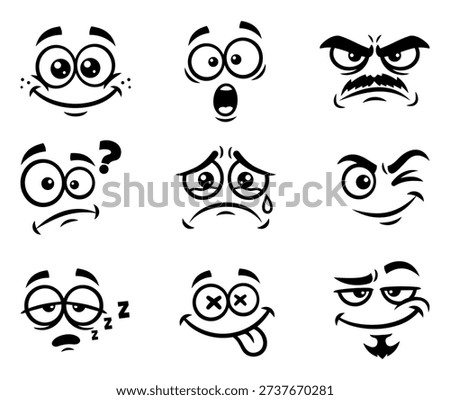 Cartoon Face Expressions Vector Icons Set. Collection of Nine Comic Characters Emotions Isolated on White Background. Sad, Happy, Angry, and Surprised Emoticons
