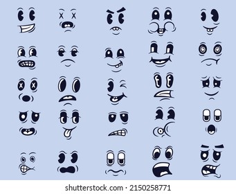 Cartoon Face. Expressive eyes and mouth, smiling, crying and surprised facial expressions of the characters. Comic emotions or doodle emoticons. Vector icon set