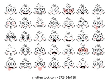 Cartoon face eye. Funny face parts with expressions emotion character. Comic doodle smile face, angry, sad, cute and smiley eye. Cartoon faces expressions set isolated on white background.