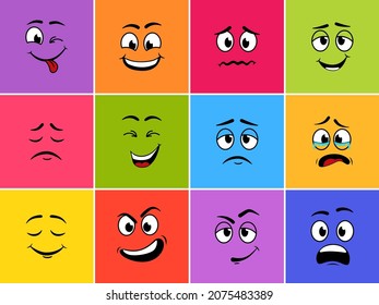 Cartoon face with eye, mouth and emotion. Character with different expression of face. Icon of emoticon, monster, smile, sad and cute. Caricature avatar on color square background. Vector.