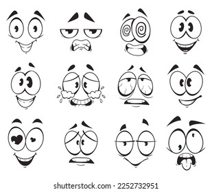 Cartoon face with eye and mouth expression. Different emotions isolated set. Vector design graphic illustration
