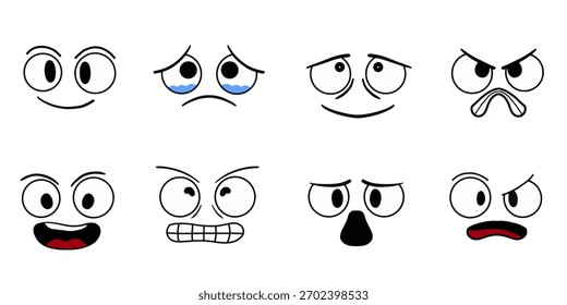 Conjunto de Vector de expresiones de cara y ojos de dibujos animados. Conjunto de efectos de emoción de cómic de dibujos animados. Ilustración vectorial común aislada en el fondo blanco