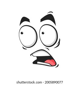 Cartoon face frightened emoji, vector scared facial expression with wide open or goggle eyes and yelling mouth. Fear or worry feelings isolated on white background