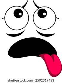 A cartoon face with a funny expression, eyes wide open, tongue sticking out, and a black mouth. Perfect for humorous designs, comic illustrations, or playful graphics.