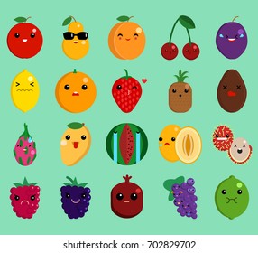 Cartoon face funny fruit emoji elements collection, flat icons set, Colorful symbols pack contains - apple pear peach cherry lemon orange strawberry pineapple . Vector illustration. Flat style design