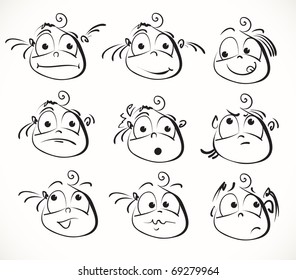 Cartoon face of girl with different emotions and facial expressions, comic character vector doodle drawing