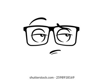 Cartoon face with glasses showing doubt and skepticism with raised eyebrows and a smirk.