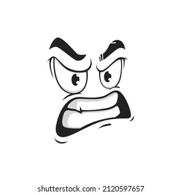 Cartoon face with gnash teeth, vector angry emoji with evil eyes. Negative facial expression, wicked feelings, comic face with furrowed brows and toothy mouth isolated on white background