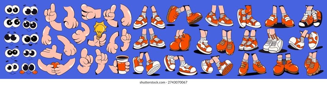 Cartoon face groovy with comic character retro and walk hand leg. Arm sticker shoe with eye cartoon cute and vector set design. Kit icon cartoon with smile mouth comic and face expression character.