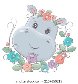 Cartoon face of a hippopotamus on a floral background. Cute little illustration of hippo for kids, baby book, fairy tales, baby shower, textile t-shirt, sticker. Vector illustration of a cute animal.