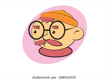 Cartoon face of a hipster male character in knitted beanie hat and round glasses with moustache. profile avatar, vector clip art.