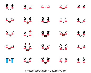 cartoon face icon set design, Kawaii expression cute character funny and emoticon theme Vector illustration