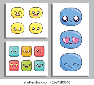 cartoon face icon set design, Kawaii expression cute character funny and emoticon theme Vector illustration