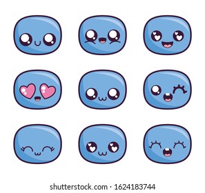 cartoon face icon set design, Kawaii expression cute character funny and emoticon theme Vector illustration