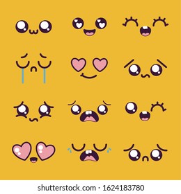 cartoon face icon set design, Kawaii expression cute character funny and emoticon theme Vector illustration