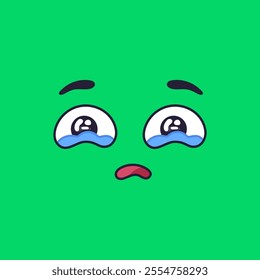 Cartoon face illustration conveying sadness and sorrow with crying eyes and a downturned mouth, set against a vibrant green background, perfect for expressing emotional states