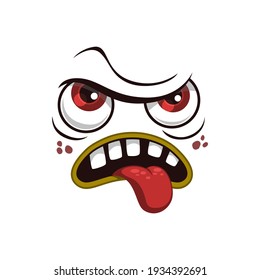 Cartoon face isolated vector icon, tired emotion, forworn Halloween monster funny creature with red eyes and stick up tongue in toothy mouth, unhappy emoji isolated on white background