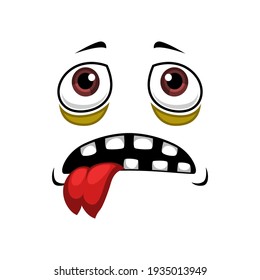 Cartoon face isolated vector icon, tired emotion, forworn Halloween monster funny creature with sad eyes and forked red tongue in toothy mouth, unhappy emoji