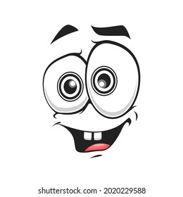 Cartoon face isolated vector icon, delighted smile facial emoji of funny creature. Happy emotion, comic face with toothy smiling mouth and goggle round eyes with wide pupils