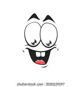 Cartoon face isolated vector icon, wide delighted smile facial emoji of funny stupid creature, happy emotion, comic face with toothy smiling mouth and round eyes