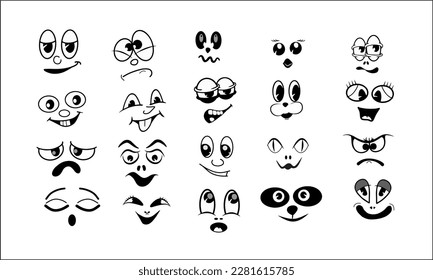 Cartoon Face. Isolated vector illustration icons set. Caricature comic emotion or doodle emoticon.